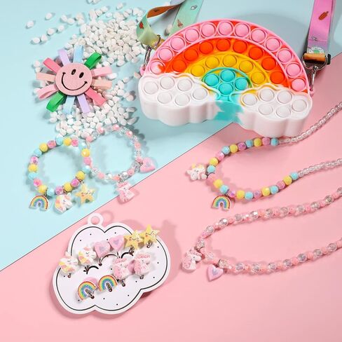 PinkSheep يونيكورنز هدايا للفتيات 10 قطع قوس قزح هدايا يونيكورن محفظة مجموعة مجوهرات للأطفال فتاة 9PC يونيكورن كليب على القرط يونيكورن قلادة سوار حقيبة الظهر فتاة صغيرة مجوهرات الملحقات in Kuwait