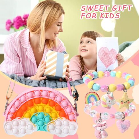 PinkSheep يونيكورنز هدايا للفتيات 10 قطع قوس قزح هدايا يونيكورن محفظة مجموعة مجوهرات للأطفال فتاة 9PC يونيكورن كليب على القرط يونيكورن قلادة سوار حقيبة الظهر فتاة صغيرة مجوهرات الملحقات in Kuwait