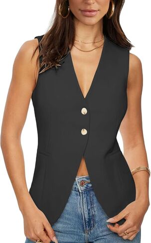 Fallorchid Womens Business Button Sleeveless V Neck Vest Fully Lined Suit Jacket Waistcoat in Saudi Arabia