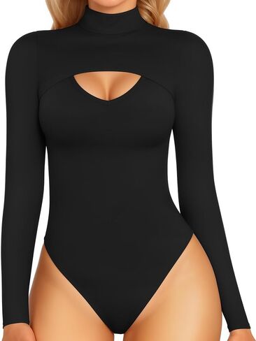 MANGOPOP Mock Neck Long Sleeve Bodysuit for Women Sexy Front Cutout Bodyuits Going Out Tops in Saudi Arabia