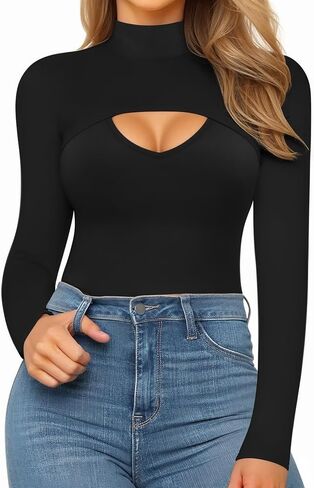 MANGOPOP Mock Neck Long Sleeve Bodysuit for Women Sexy Front Cutout Bodyuits Going Out Tops in Saudi Arabia