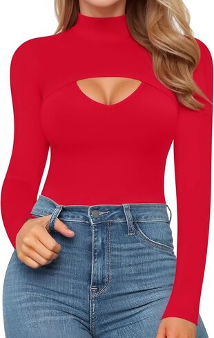 MANGOPOP Mock Neck Long Sleeve Bodysuit for Women Sexy Front Cutout Bodyuits Going Out Tops in Saudi Arabia