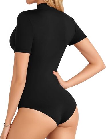 MANGOPOP Cross-over Stand Collar Bodysuit for Women Short Sleeve Turtleneck Tops in Saudi Arabia