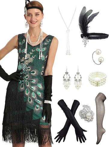 1920s Women Peacock Sequined Tassel Flapper Party Dresses w/ 20s Accessories Set in Saudi Arabia