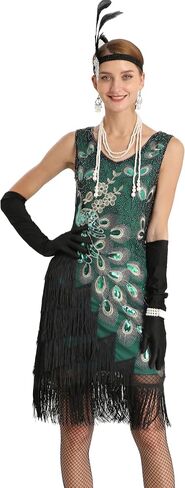 1920s Women Peacock Sequined Tassel Flapper Party Dresses w/ 20s Accessories Set in Saudi Arabia