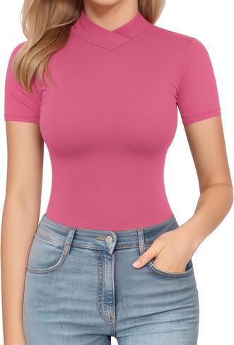 MANGOPOP Cross-over Stand Collar Bodysuit for Women Short Sleeve Turtleneck Tops in Saudi Arabia