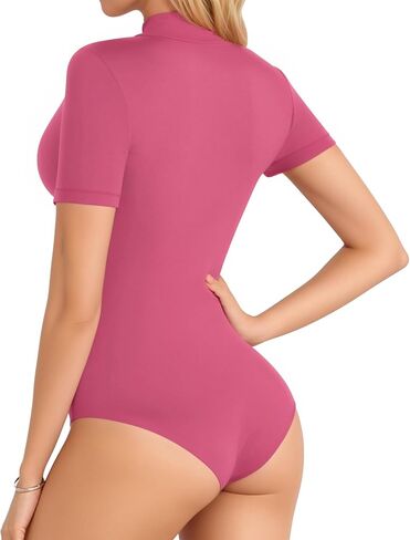 MANGOPOP Cross-over Stand Collar Bodysuit for Women Short Sleeve Turtleneck Tops in Saudi Arabia