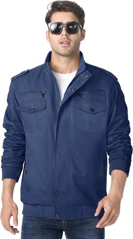MAGNIVIT Men's Military Lightweight Army Windbreaker Cargo Jacket With Stand Collar, Zip Front, 7 Pockets - Cotton in Kuwait