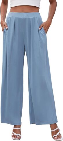 GEMLON Wide Leg Pants for Women Pleated Elastic Waisted Causal Pants Loose Palazzo Business Trousers with Pockets in Saudi Arabia