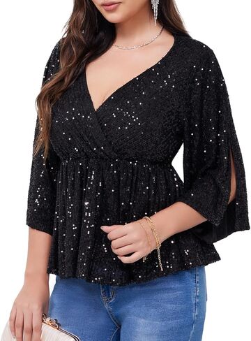 قمصان WULFUL النسائية الترتر براقة على شكل حرف v سبليت 3/4 كم ملفوفة بيبلوم علوية للحفلات والنوادي الليلية وقمصان كوكتيل ديسكو in Kuwait