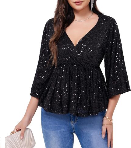 قمصان WULFUL النسائية الترتر براقة على شكل حرف v سبليت 3/4 كم ملفوفة بيبلوم علوية للحفلات والنوادي الليلية وقمصان كوكتيل ديسكو in Kuwait