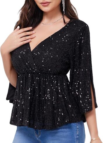 قمصان WULFUL النسائية الترتر براقة على شكل حرف v سبليت 3/4 كم ملفوفة بيبلوم علوية للحفلات والنوادي الليلية وقمصان كوكتيل ديسكو in Kuwait