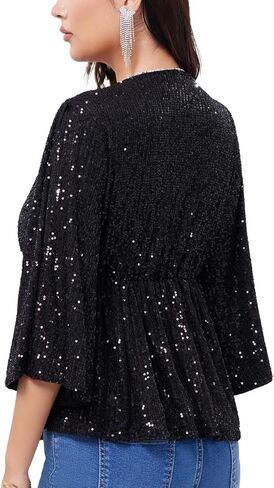 قمصان WULFUL النسائية الترتر براقة على شكل حرف v سبليت 3/4 كم ملفوفة بيبلوم علوية للحفلات والنوادي الليلية وقمصان كوكتيل ديسكو in Kuwait