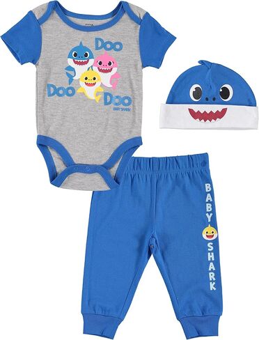 Baby Shark Baby Boys Clothing 3-Piece Set with Bodysuit, Pants, and Cap Newborn Clothes in Kuwait