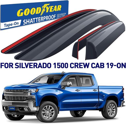 عاكسات النوافذ المقاومة للكسر من Goodyear للشاحنات شيفروليه (تشيفي) سيلفرادو/جي إم سي سييرا 1500 2019-2024 كابينة الطاقم، واقيات المطر الشريطية، عاكس التهوية، واقي التهوية، ملحقات الشاحنات، 4 قطع- GY003181LP in Saudi Arabia