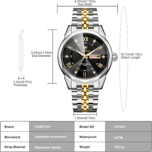 CHEETAH Two-Tone Watches for Men Diamond Stainless Steel Quartz Waterproof, with Date Week Display, Luminous Hands in Saudi Arabia