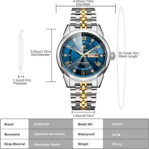 CHEETAH Two-Tone Watches for Men Diamond Stainless Steel Quartz Waterproof, with Date Week Display, Luminous Hands in Saudi Arabia