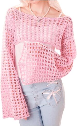 SHENHE Women's Hollow Out Knitted Pullover Sweater Crochet Cropped Sweater Top Long Sleeve Casual Cover Up Top in Saudi Arabia