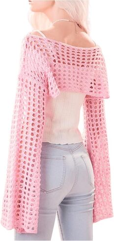SHENHE Women's Hollow Out Knitted Pullover Sweater Crochet Cropped Sweater Top Long Sleeve Casual Cover Up Top in Saudi Arabia