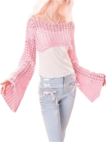 SHENHE Women's Hollow Out Knitted Pullover Sweater Crochet Cropped Sweater Top Long Sleeve Casual Cover Up Top in Saudi Arabia