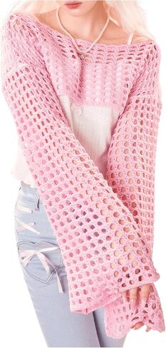 SHENHE Women's Hollow Out Knitted Pullover Sweater Crochet Cropped Sweater Top Long Sleeve Casual Cover Up Top in Saudi Arabia
