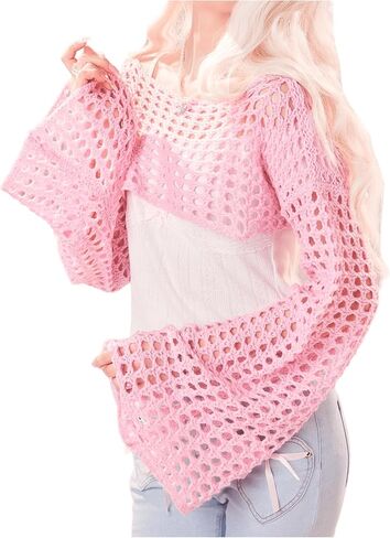 SHENHE Women's Hollow Out Knitted Pullover Sweater Crochet Cropped Sweater Top Long Sleeve Casual Cover Up Top in Saudi Arabia