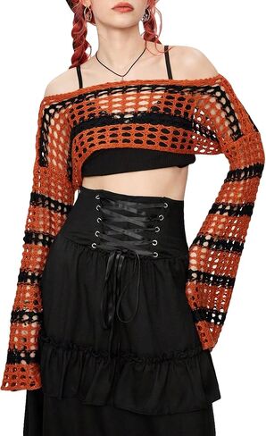 SHENHE Women's Hollow Out Knitted Pullover Sweater Crochet Cropped Sweater Top Long Sleeve Casual Cover Up Top in Saudi Arabia