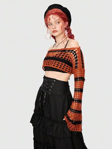 SHENHE Women's Hollow Out Knitted Pullover Sweater Crochet Cropped Sweater Top Long Sleeve Casual Cover Up Top in Saudi Arabia