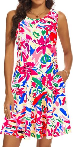 Summer Dresses for Women 2024 Casual Sundresses Beach Cover Ups Sleeveless Tshirt Swing Dress with Pockets in Saudi Arabia