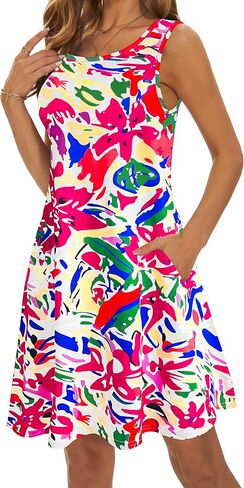 Summer Dresses for Women 2024 Casual Sundresses Beach Cover Ups Sleeveless Tshirt Swing Dress with Pockets in Saudi Arabia