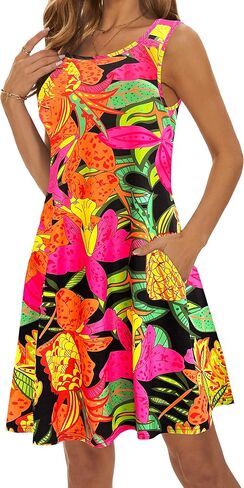 Summer Dresses for Women 2024 Casual Sundresses Beach Cover Ups Sleeveless Tshirt Swing Dress with Pockets in Saudi Arabia