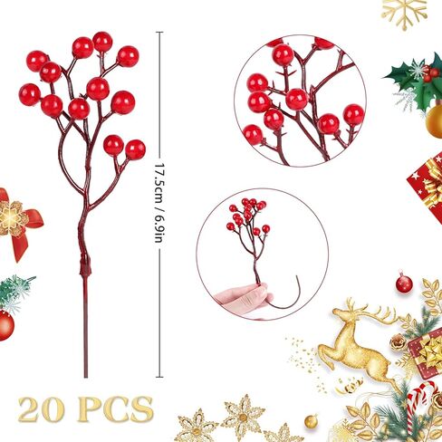 DIYASY بريق الذهب التوت ينبع، 20 قطعة شجرة عيد الميلاد الاصطناعية يختار زينة شجرة عيد الميلاد حشو الحلي DIY عيد الميلاد إكليل عطلة ديكور المنزل in Kuwait