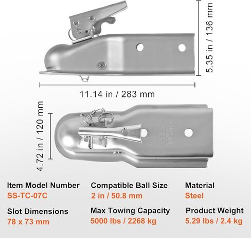 VEVOR Straight Trailer Coupler, for 2-Inch Hitch Ball, 3-Inch Channel, 5000 lbs Capacity, Heavy Duty Trailer Tongue Coupler, Ideal for Towing Station Wagons, Pickup Trucks, SUVs, Zinc Plated Surface in Saudi Arabia