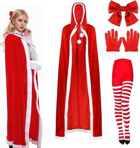 مجموعة زي كافوك كريسماس سانتا عباءة، قفازات حمراء مخملية بغطاء للرأس، جوارب، عصابة رأس، مشبك شعر للنساء، إكسسوارات ملابس عيد الميلاد (للبالغين) in Kuwait