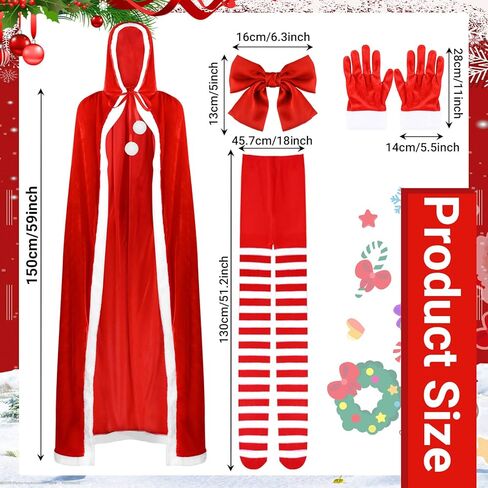مجموعة زي كافوك كريسماس سانتا عباءة، قفازات حمراء مخملية بغطاء للرأس، جوارب، عصابة رأس، مشبك شعر للنساء، إكسسوارات ملابس عيد الميلاد (للبالغين) in Kuwait
