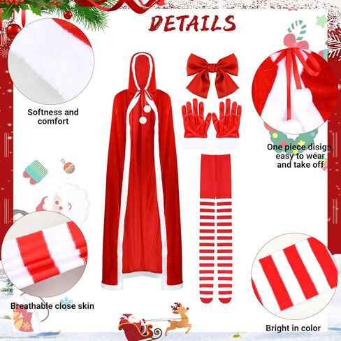 مجموعة زي كافوك كريسماس سانتا عباءة، قفازات حمراء مخملية بغطاء للرأس، جوارب، عصابة رأس، مشبك شعر للنساء، إكسسوارات ملابس عيد الميلاد (للبالغين) in Kuwait