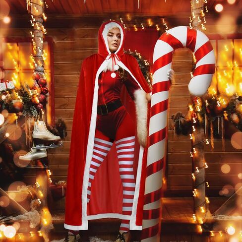 مجموعة زي كافوك كريسماس سانتا عباءة، قفازات حمراء مخملية بغطاء للرأس، جوارب، عصابة رأس، مشبك شعر للنساء، إكسسوارات ملابس عيد الميلاد (للبالغين) in Kuwait