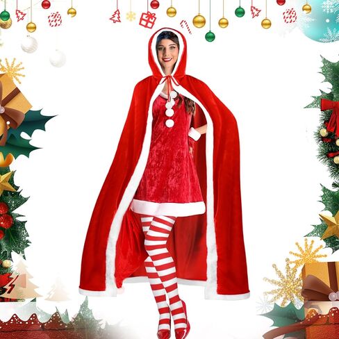 مجموعة زي كافوك كريسماس سانتا عباءة، قفازات حمراء مخملية بغطاء للرأس، جوارب، عصابة رأس، مشبك شعر للنساء، إكسسوارات ملابس عيد الميلاد (للبالغين) in Kuwait