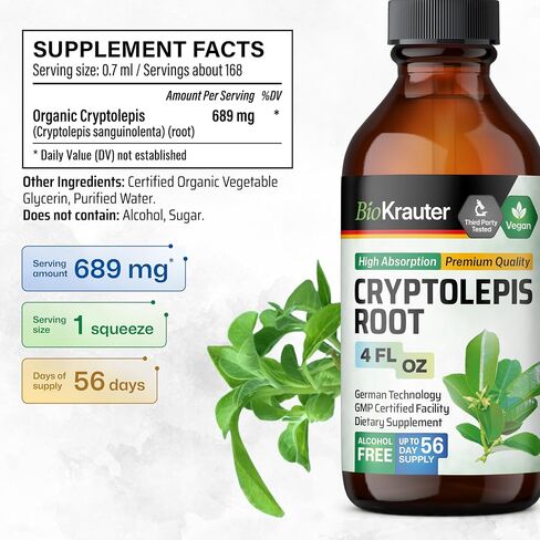 BIO KRAUTER Cryptolepis Sanguinolenta Root Tincture - Detoxifying Liquid Cryplolepis Root Extract - Alcohol & Sugar Free - Vegan Drops 4 Fl.Oz. in Saudi Arabia