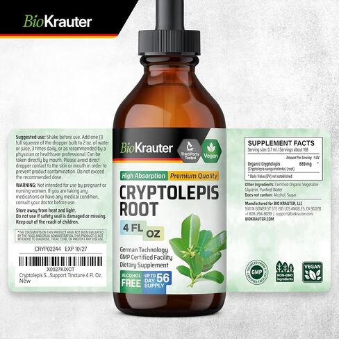 BIO KRAUTER Cryptolepis Sanguinolenta Root Tincture - Detoxifying Liquid Cryplolepis Root Extract - Alcohol & Sugar Free - Vegan Drops 4 Fl.Oz. in Saudi Arabia