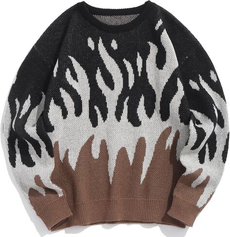 ZAFUL Mens Y2K Aesthetic Flame Graphic Casual Sweater Loose Knit Jumper Pullover Long Sleeve Crewneck Sweaters in Saudi Arabia