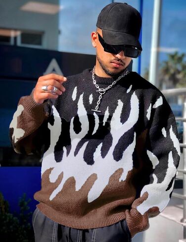 ZAFUL Mens Y2K Aesthetic Flame Graphic Casual Sweater Loose Knit Jumper Pullover Long Sleeve Crewneck Sweaters in Saudi Arabia