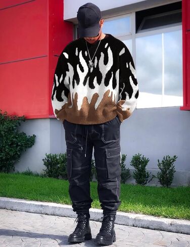 ZAFUL Mens Y2K Aesthetic Flame Graphic Casual Sweater Loose Knit Jumper Pullover Long Sleeve Crewneck Sweaters in Saudi Arabia