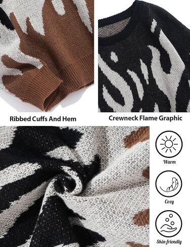 ZAFUL Mens Y2K Aesthetic Flame Graphic Casual Sweater Loose Knit Jumper Pullover Long Sleeve Crewneck Sweaters in Saudi Arabia