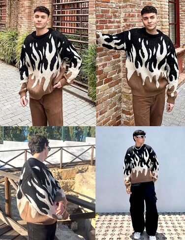 ZAFUL Mens Y2K Aesthetic Flame Graphic Casual Sweater Loose Knit Jumper Pullover Long Sleeve Crewneck Sweaters in Saudi Arabia