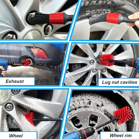 مجموعة فرش العجلات، فرشاة تنظيف عجلة الحفر الناعمة، مجموعة فرش تنظيف السيارة عالية الكثافة بدون خدوش للعجلات والإطارات والمحركات والعادم (أحمر/أسود، قطعتين) in Kuwait