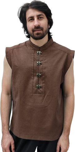 KUOIN Medieval Shirt for Men Linen Pirate Sleeveless Tunic with Retro Button in Saudi Arabia