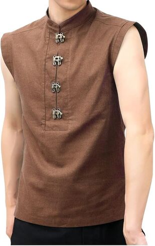 KUOIN Medieval Shirt for Men Linen Pirate Sleeveless Tunic with Retro Button in Saudi Arabia