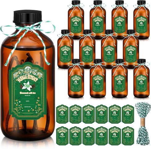 Uiifan 12 Pack Amber Glass Bottles Boston Round Sample Bottles Glass Bottles with Lids Dark Glass Bottles Vanilla Extract Bottles and 12 Pcs Christmas Green Snowflakes Stickers for Gift Beans(8 oz) in Kuwait