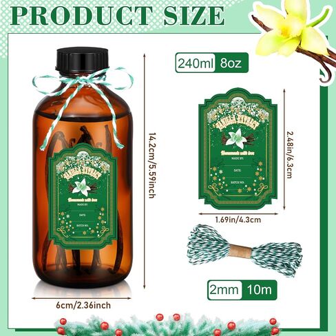 Uiifan 12 Pack Amber Glass Bottles Boston Round Sample Bottles Glass Bottles with Lids Dark Glass Bottles Vanilla Extract Bottles and 12 Pcs Christmas Green Snowflakes Stickers for Gift Beans(8 oz) in Kuwait
